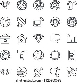 Thin Line Icon Set - antenna vector, wireless notebook, earth, satellite, network, share, finger down, cellular signal, smart home, chip, lock, control app, social media