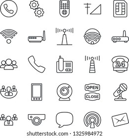 Thin Line Icon Set - antenna vector, phone, team, 24 hours, microphone, remote control, radio, mobile, call, message, sim, cellular signal, company, wireless, open close, router, web camera, gear