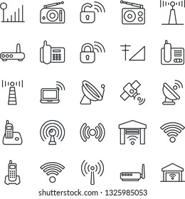 Thin Line Icon Set - antenna vector, satellite, wireless notebook, office phone, radio, cellular signal, lock, router, garage gate control
