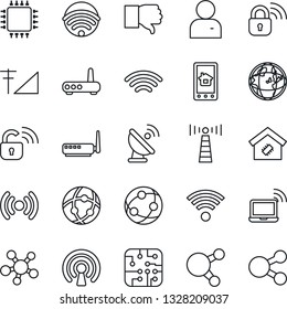 Thin Line Icon Set - antenna vector, wireless notebook, satellite, network, share, finger down, user, cellular signal, smart home, chip, lock, router, control app, earth, social media