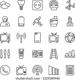 Thin Line Icon Set - antenna vector, phone, clouds, ladder, tomography, implant, office, support, sorting, satellite, tv, settings, remote control, low battery, back, network, copier, windmill