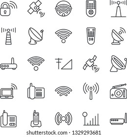 Thin Line Icon Set - antenna vector, satellite, wireless notebook, office phone, radio, remote control, cellular signal, lock, router