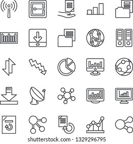Thin Line Icon Set - antenna vector, office binder, crisis graph, document, statistic monitor, reload, folder, barcode, satellite, network, share, scanner, data exchange, download, statistics, bar
