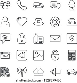 Thin Line Icon Set - antenna vector, left arrow, lock, gear, mail, calculator, office binder, heart, car delivery, heavy, dialog, radio phone, group, rewind, call, gallery, user, place tag, sale