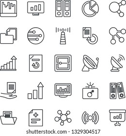 Thin Line Icon Set - antenna vector, satellite, bomb in case, growth statistic, office binder, document, monitor, reload, diagnosis, folder, share, scanner, network, statistics, pie graph, wireless