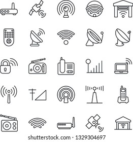 Thin Line Icon Set - antenna vector, satellite, wireless notebook, office phone, radio, remote control, cellular signal, lock, router, garage gate