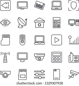 Thin Line Icon Set - antenna vector, calculator, barcode, satellite, monitor, laptop pc, radio phone, play button, rewind, back, tuning, sd, face id, eye, cellular signal, smart home, remote control