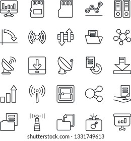 Thin Line Icon Set - antenna vector, bomb in case, growth statistic, office binder, crisis graph, document, monitor, reload, folder, satellite, share, scanner, sd, data exchange, download, point