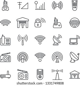 Thin Line Icon Set - antenna vector, wireless notebook, office phone, satellite, radio, remote control, cellular signal, lock, router, garage gate
