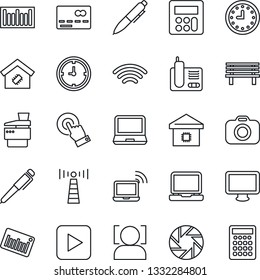 Thin Line Icon Set - antenna vector, credit card, wireless notebook, pen, bench, clock, barcode, camera, touch screen, monitor, laptop pc, radio phone, play button, mobile, calculator, face id