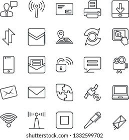 Thin Line Icon Set - antenna vector, speaking man, mail, pen, printer, navigation, satellite, video camera, cell phone, laptop pc, stop button, message, data exchange, download, wireless, update