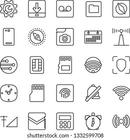 Thin Line Icon Set - antenna vector, phone back, calculator, clock, alarm, mail, record, sd, sim, network, folder, download, wireless, mute, compass, face id, fingerprint, photo gallery, root setup