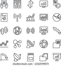 Thin Line Icon Set - antenna vector, satellite, office binder, crisis graph, document, statistic monitor, reload, folder, network, sd, data exchange, statistics, pie, point, wireless, social media