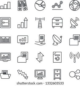Thin Line Icon Set - antenna vector, growth statistic, office binder, crisis graph, document, monitor, reload, folder, barcode, satellite, scanner, network, data exchange, statistics, bar, pie