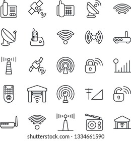 Thin Line Icon Set - antenna vector, office phone, satellite, radio, remote control, wireless, cellular signal, lock, router, garage gate