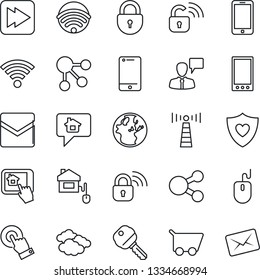 Thin Line Icon Set - antenna vector, clouds, lock, mobile phone, speaking man, mouse, heart shield, cell, touch screen, fast forward, mail, wireless, key, home control, app, message, earth, cart