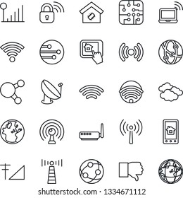Thin Line Icon Set - antenna vector, wireless notebook, clouds, satellite, network, share, finger down, cellular signal, smart home, chip, lock, router, control app, earth