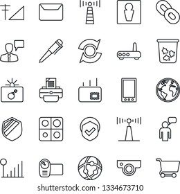 Thin Line Icon Set - antenna vector, trash bin, male, bomb in case, speaking man, pen, printer, earth, shield, video camera, chain, mobile, network, cellular signal, application, update, mail, web