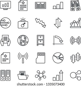 Thin Line Icon Set - antenna vector, bomb in case, growth statistic, office binder, crisis graph, document, monitor, diagnosis, barcode, network, share, sd, data exchange, bar, pie, folder, point