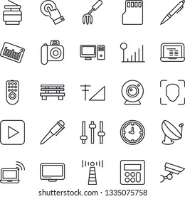 Thin Line Icon Set - antenna vector, wireless notebook, pen, pc, garden fork, bench, clock, barcode, satellite, camera, touch screen, monitor, play button, tuning, calculator, sd, face id, copier