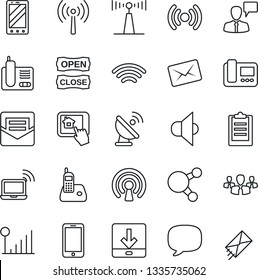 Thin Line Icon Set - antenna vector, wireless notebook, mobile phone, speaking man, satellite, speaker, radio, share, message, mail, download, cellular signal, clipboard, open close, intercome