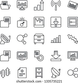 Thin Line Icon Set - antenna vector, satellite, bomb in case, growth statistic, crisis graph, monitor, document reload, diagnosis, folder, barcode, share, scanner, data exchange, download, bar