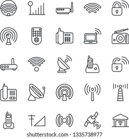 Thin Line Icon Set - antenna vector, satellite, wireless notebook, office phone, radio, remote control, cellular signal, lock, router, garage gate