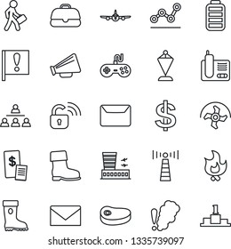 Thin Line Icon Set - antenna vector, plane, airport building, mail, dollar sign, pennant, ripper, boot, fire, important flag, loudspeaker, gamepad, radio phone, battery, point graph, hierarchy, case