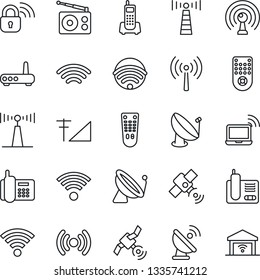 Thin Line Icon Set - antenna vector, satellite, wireless notebook, office phone, radio, remote control, cellular signal, lock, router, garage gate