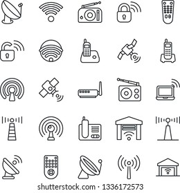 Thin Line Icon Set - antenna vector, satellite, wireless notebook, office phone, radio, remote control, lock, router, garage gate
