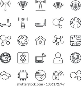 Thin Line Icon Set - antenna vector, wireless notebook, clouds, earth, network, share, user, bluetooth, smart home, chip, lock, router, social media