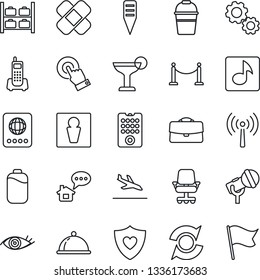 Thin Line Icon Set - antenna vector, fence, arrival, male, passport, luggage storage, bucket, plant label, patch, heart shield, eye, office phone, microphone, touch screen, music, battery, update