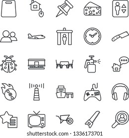 Thin Line Icon Set - antenna vector, security gate, elevator, tv, plane, wheelbarrow, saw, lady bug, garden sprayer, sea port, railroad, flame disk, gamepad, headphones, group, favorites list, clock