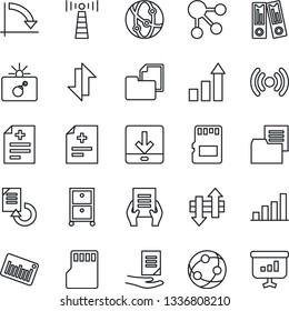 Thin Line Icon Set - antenna vector, bomb in case, growth statistic, office binder, crisis graph, document, reload, diagnosis, folder, barcode, network, sd, data exchange, download, bar, archive box