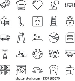 Thin Line Icon Set - antenna vector, escalator, male, lock, checkroom, team, document, ladder, heart, earth, car delivery, oil barrel, microphone, speaker, favorites list, pie graph, cook hat, bread