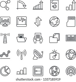 Thin Line Icon Set - antenna vector, satellite, bomb in case, growth statistic, crisis graph, document, monitor, reload, folder, barcode, network, share, scanner, sd, data exchange, bar, pie, point