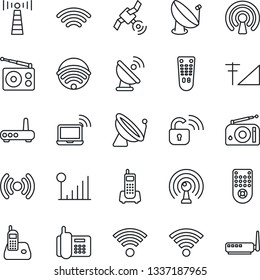 Thin Line Icon Set - antenna vector, satellite, wireless notebook, office phone, radio, remote control, cellular signal, lock, router