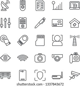Thin Line Icon Set - antenna vector, credit card, notebook pc, bench, satellite, camera, touch screen, phone back, tuning, sd, sim, wireless, face id, eye, cellular signal, pen, smart home, router