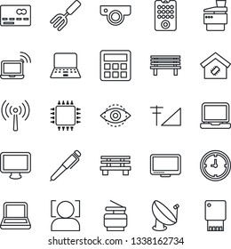 Thin Line Icon Set - antenna vector, credit card, wireless notebook, pc, garden fork, bench, clock, satellite, monitor, laptop, calculator, face id, eye, cellular signal, copier, pen, smart home