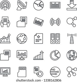 Thin Line Icon Set - antenna vector, satellite, growth statistic, office binder, document, monitor, reload, diagnosis, folder, barcode, network, share, sd, download, statistics, pie graph, point