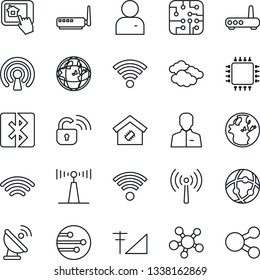 Thin Line Icon Set - antenna vector, clouds, satellite, share, user, network, wireless, bluetooth, cellular signal, smart home, chip, lock, router, control app, earth, social media