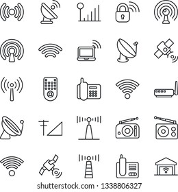 Thin Line Icon Set - antenna vector, satellite, wireless notebook, office phone, radio, remote control, cellular signal, lock, router, garage gate