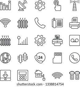 Thin Line Icon Set - antenna vector, phone, printer, 24 hours, satellite, equalizer, network, touch screen, call, settings, calculator, record, sd, data exchange, download, wireless, cellular signal