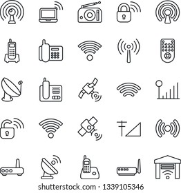 Thin Line Icon Set - antenna vector, wireless notebook, office phone, satellite, radio, remote control, cellular signal, lock, router, garage gate