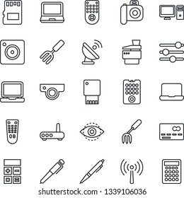 Thin Line Icon Set - antenna vector, credit card, calculator, garden fork, satellite, camera, remote control, laptop pc, mobile, tuning, sd, eye id, notebook, copier, pen, router, web, usb flash