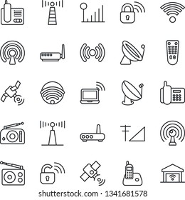 Thin Line Icon Set - antenna vector, satellite, wireless notebook, office phone, radio, remote control, cellular signal, lock, router, garage gate