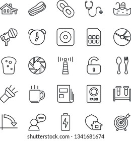 Thin Line Icon Set - antenna vector, spoon and fork, passport, crisis graph, stethoscope, blood test vial, microphone, speaker, chain, rec button, mobile camera, alarm, sim, torch, charge, coffee
