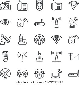 Thin Line Icon Set - antenna vector, satellite, wireless notebook, office phone, radio, remote control, cellular signal, lock, router