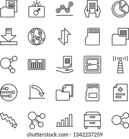 Thin Line Icon Set - antenna vector, bomb in case, crisis graph, document, diagnosis, folder, barcode, network, share, scanner, sd, data exchange, download, bar, pie, point, archive box