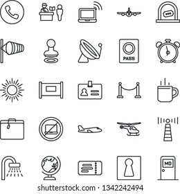 Thin Line Icon Set - antenna vector, satellite, fence, suitcase, hot cup, passport control, alarm clock, phone, no laptop, female, ticket, wireless notebook, office, identity, stamp, globe, shower